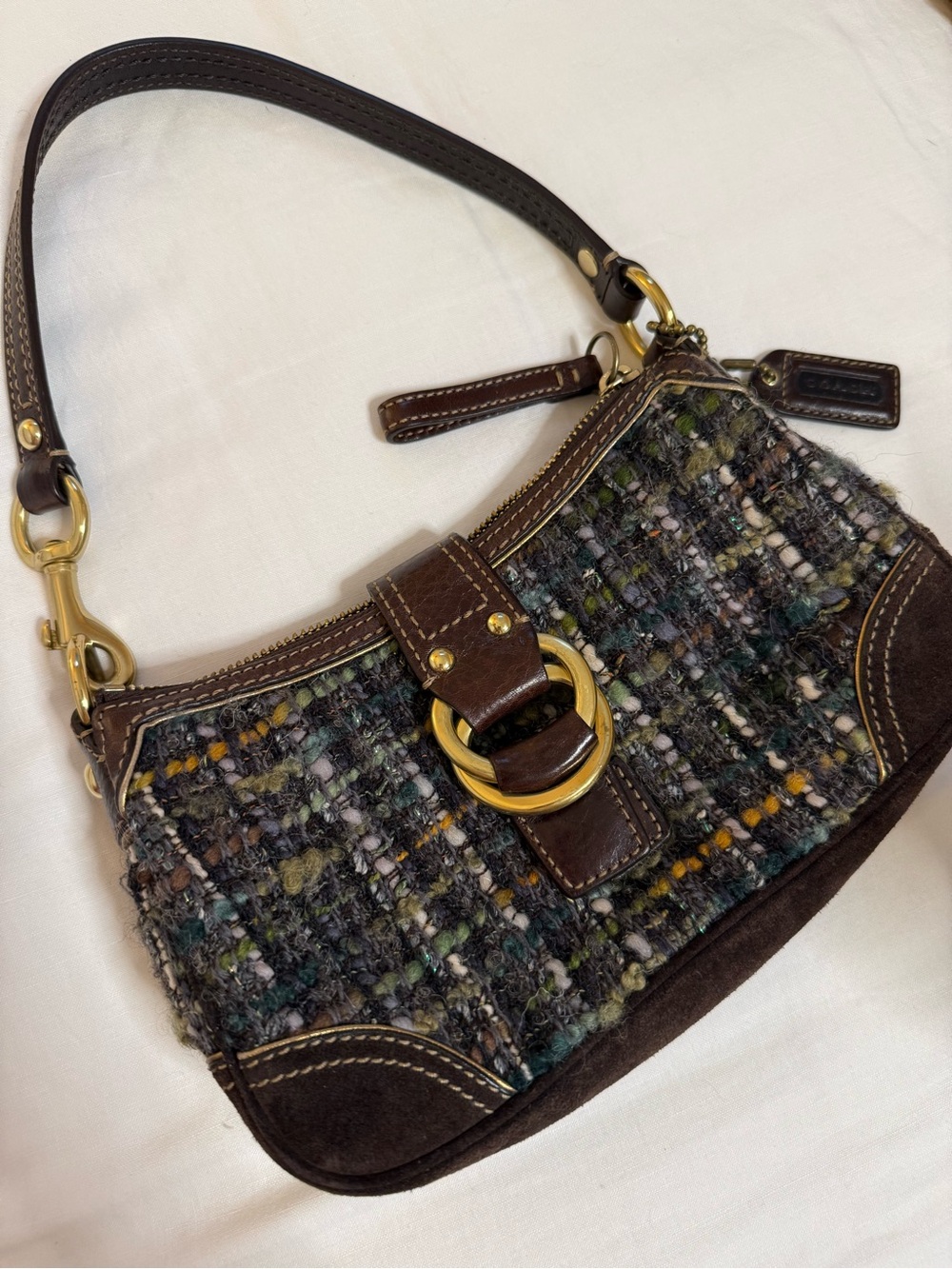 Vintage Coach Tweed Shoulder Bag with Dark Brown Leather Trim - Picture 2 of 8